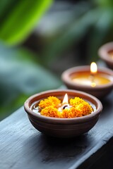 Wall Mural - Traditional Indian background with diya lamp and marigold flowers. Hindu Puja. Festival Vishu celebration. Template with copy space for holiday Ugadi, Gudi Padwa, Diwali or Day of the Dead