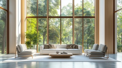 Sticker - Modern living room with large windows showcasing a serene outdoor view in bright daylight