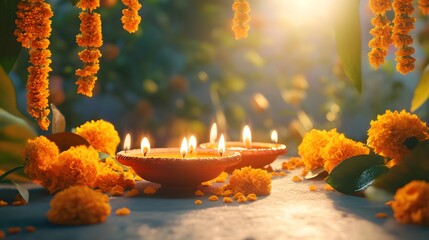 Traditional Indian background with diya lamp on podium and marigold flowers. Hindu Puja. Festival Vishu celebration. Template with copy space for holiday Ugadi, Gudi Padwa, Diwali or Day of the Dead