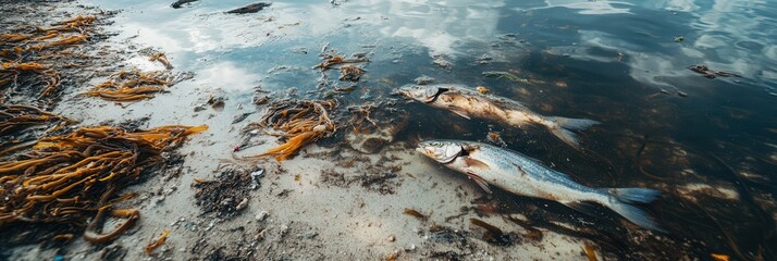 Aufkleber - Floating plastic and oil cover the ocean surface, while dead fish lie on the shore near destroyed coral reefs, highlighting environmental decay. Generative AI