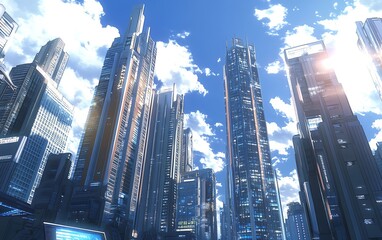 Futuristic Anime-Style Cityscape with Towering Buildings and Dynamic Urban Design