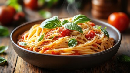 gourmet spaghetti dish al dente pasta rich tomato sauce fresh basil leaves parmesan shavings steam rising rustic wooden table