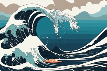 Wall Mural - Stunning Illustration of Massive Ocean Waves in Vibrant Sea Colors with Close-Up Surf Animation