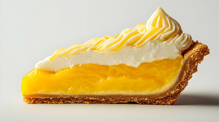 Delicious slice of lemon pie with a creamy topping and a golden crust, perfect for desserts and culinary delights.