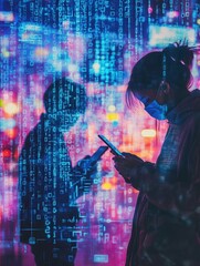 Poster - Users focus on their smartphone screens while surrounded by a digital world of numbers, highlighting a sense of isolation. Generative AI