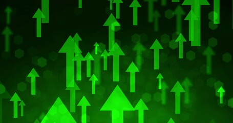 Sticker - Arrows, digital glow and finance growth for stock market with foreign exchange rate increase. Inflation, tech and financial investment with revenue, profit or price value with neon green pattern.