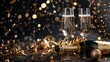 © hisilly - Champagne Toast for Luxury Celebration - New Year's Eve, Sylvester, or Other Holidays - Dark Black Night Background with Sparkling Wine Glasses and Bottle - Greeting Card or Banner