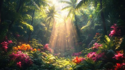 hyperrealistic digital illustration of lush tropical forest intricate details of exotic flora dappled sunlight filters through dense canopy vibrant colors and textures