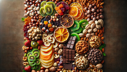 An assortment of dried fruits, nuts and chocolate sweets arranged aesthetically. Close-up of nuts and dried fruits mix on brown surface. Copy space. Design. Wallaper.