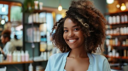 Smiling Woman with Curly Hair in a Modern Hair Salon with Shelves of Hair Products in the Background