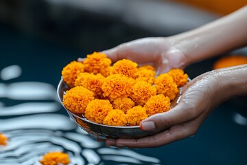 Canvas Print - Indian woman dressed in Hindu traditional clothes washing marigold flowers in water for decoration house or temple. Indian religious ritual. Hindu Puja. Festival Vishu, Ugadi, Gudi Padwa, Diwali