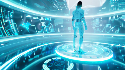 Wall Mural - 3D person standing on floating data platform futuristic glow digital space cyberpunk vr technology   abstract blue white background