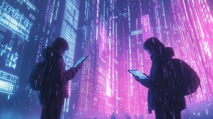 Poster - Individuals with bowed heads focus on their smartphones amid a vibrant digital landscape that highlights their disconnection. Generative AI