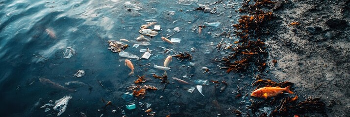 Aufkleber - Floating plastic and dead fish cover the shoreline, revealing the impact of pollution on marine ecosystems and coral reefs. Generative AI