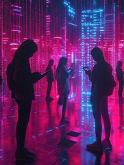Poster - Individuals with bowed heads focus on their smartphones amidst a mesmerizing digital landscape, reflecting virtual isolation. Generative AI