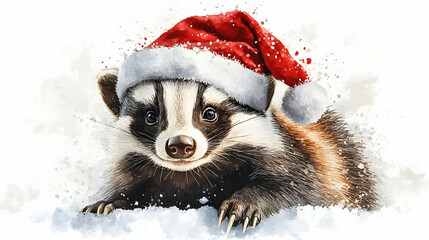 a cute badger wearing a festive red santa hat, surrounded by a snowy winter landscape, evoking holid