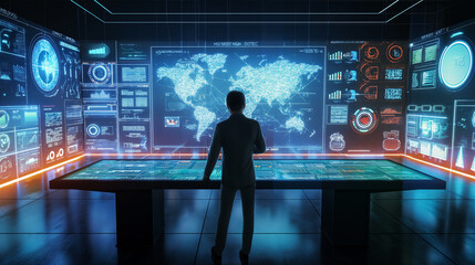 Wall Mural - a businessman using virtual business management system through augmented reality technology