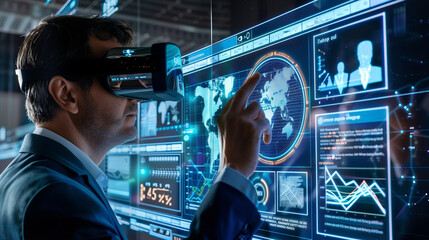 Wall Mural - a businessman using virtual business management system through augmented reality technology