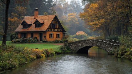 Canvas Print - quiet village a river with quaint houses a stone bridge and lush greenery