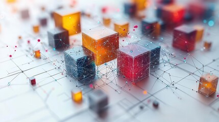 isometric network visualization colorful cubes and spheres connected by thin lines clean white background data concept