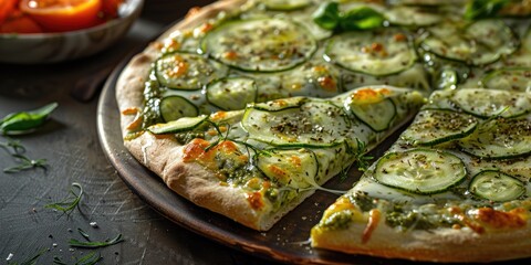 Sticker - Tasty vegetarian cucumber pizza alongside a slice homemade pizza Brazilian cuisine