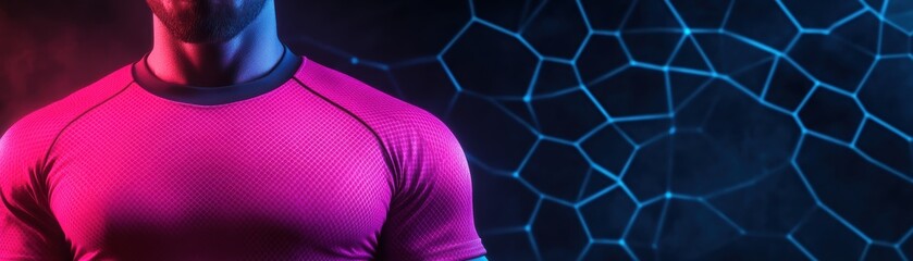 Wall Mural - a man in a pink shirt stands in front of a blue background. the background is made up of a series of