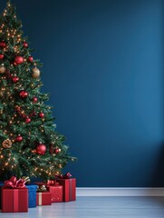 Wall Mural - a large blue wall with a decorated christmas tree and gifts on one side is providing lots of negativ