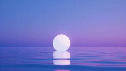 A 3D white moon with a glowing texture surface on beautiful relaxing wave wide ocean gradient night cinematic design purple blue dreamy background