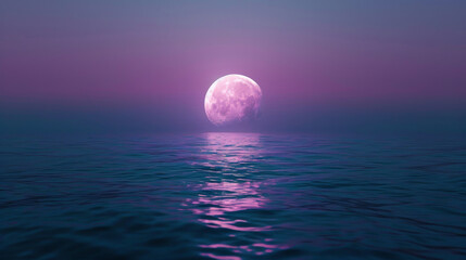 A 3D white moon with a glowing texture surface on beautiful relaxing wave wide ocean gradient night cinematic design dark purple dreamy background