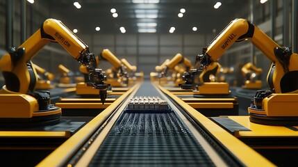 Poster - Modern Factory with Robotic Arms Assembling Electronic Components on a Conveyor Belt