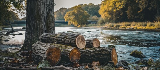 Wall Mural - Chopped Trunks Tree In Front Of The River