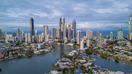 Poster - Aerial hyperlapse, dronelapse video of Gold Coast in Australia from sunset to night