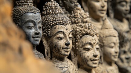 Wall Mural - Close up of Weathered Buddha Statues in a Row