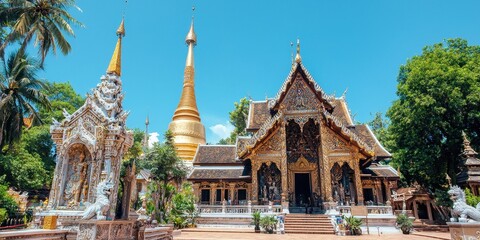 Wall Mural - Golden Temple with Intricate Carvings and Statues in Thailand