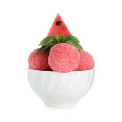 Wall Mural - Scoops of tasty watermelon sorbet in bowl, fresh fruit and mint isolated on white