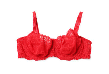 Sticker - Elegant red lace women's underwear isolated on white, top view