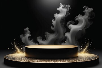 A white gold smoke against a dark display over wall with misty clouds in the background