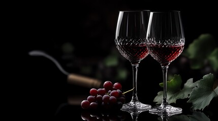 Two glasses of red wine with grapes and a bottle on a black background.