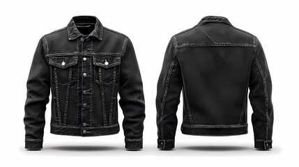 modern black denim jacket mockup with front and back views isolated clean white background