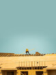 © Volodymyr - Roofing on rooftop. Builder roofer install new roof. Construction worker roofing on a large roof apartment building development. Roofer carpenter working on roof structure construction site.