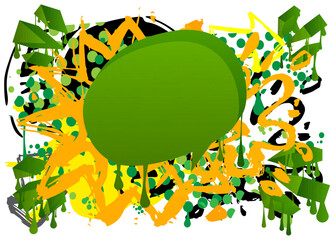 Canvas Print - Green, black and yellow graffiti speech bubble. Abstract modern Messaging sign street art decoration, Discussion icon performed in urban painting style.