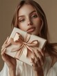 © Business Pics - Woman holding a beige gift with a bow, illustrating the excitement of receiving a gift, suitable for advertising campaigns or social media content focusing on holidays and special occasions.