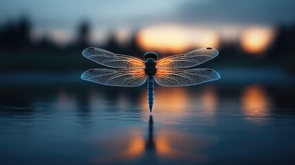 A stunning dragonfly at dusk, its delicate wings shimmering in the soft light, reflected beautifully in the water.