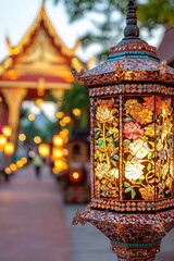 Sticker - Traditional Thai Lantern with Flower Design in Temple Setting