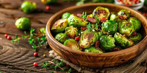 Wall Mural - Brussel Sprouts with Bacon Grilled on a Rustic Table