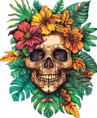 Canvas Print - A colorful skull surrounded by vibrant flowers and tropical leaves, symbolizing life and death.