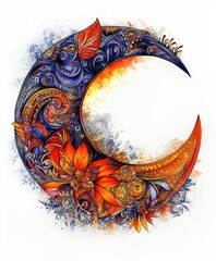 Wall Mural - A colorful crescent moon design adorned with floral patterns and intricate details.