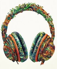 Sticker - A vibrant and artistic illustration of headphones adorned with intricate floral designs.