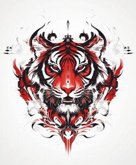 Poster - A stylized tiger illustration with intricate designs in red and black.