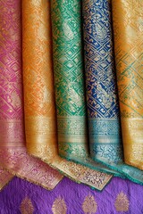 Wall Mural - Colorful Fabric Rolls with Gold Embroidered Patterns